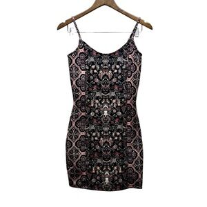 Topshop Floral Fitted Spaghetti Tank Strap Bodycon Mini Dress Black Pink